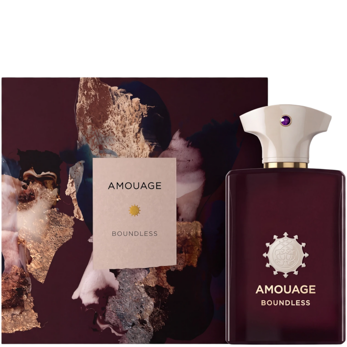 Elixir Perfumes Boundless EDP 100ml fragrance bottle in deep burgundy glass with a cream cap and purple gemstone detail