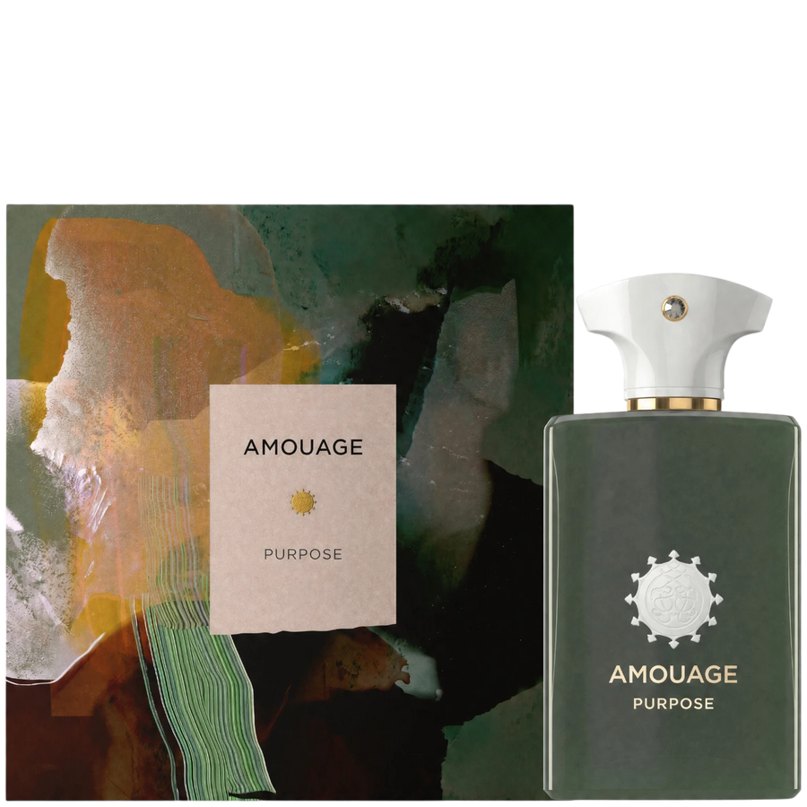Elixir Perfumes Purpose 100ml woody spicy eau de parfum in a dark green glass bottle with a white cap and gold detail.