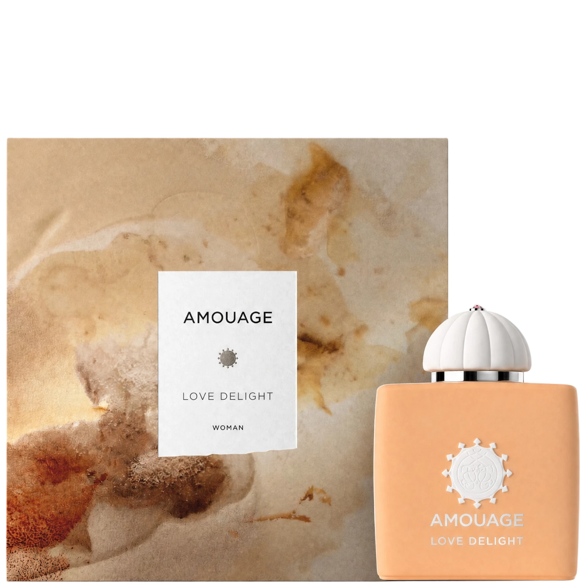 Elixir Perfumes Love Delight Woman 100ml EDP in a peach-coloured bottle with a white dome cap and floral emblem.