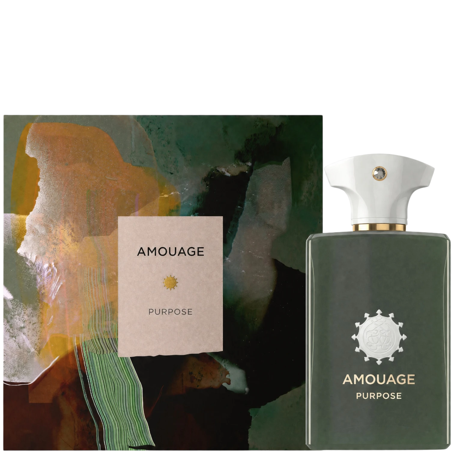 Elixir Perfumes Purpose 100ml woody spicy eau de parfum in a dark green glass bottle with a white cap and gold detail.