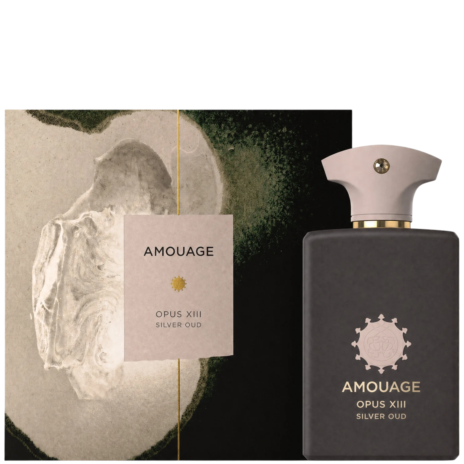 Amouage Opus XIII Silver Oud woody amber fragrance bottle with a matte dark brown finish and elegant beige cap.