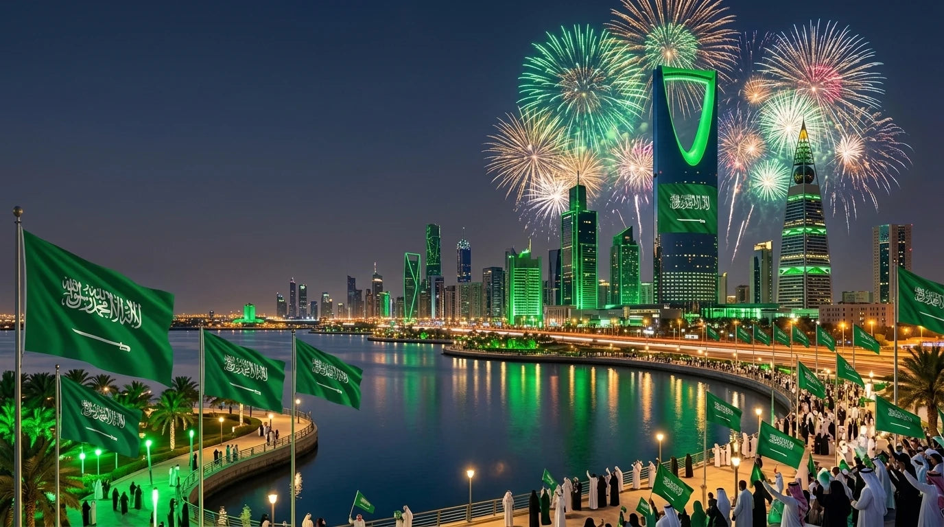 Saudi flags along the Riyadh waterfront with fireworks over the skyline